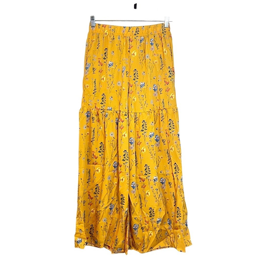 Boho Tiered Wide Leg Palazzo Pants L Mustard Yellow Floral Hippie Cottagecore - Picture 6 of 13